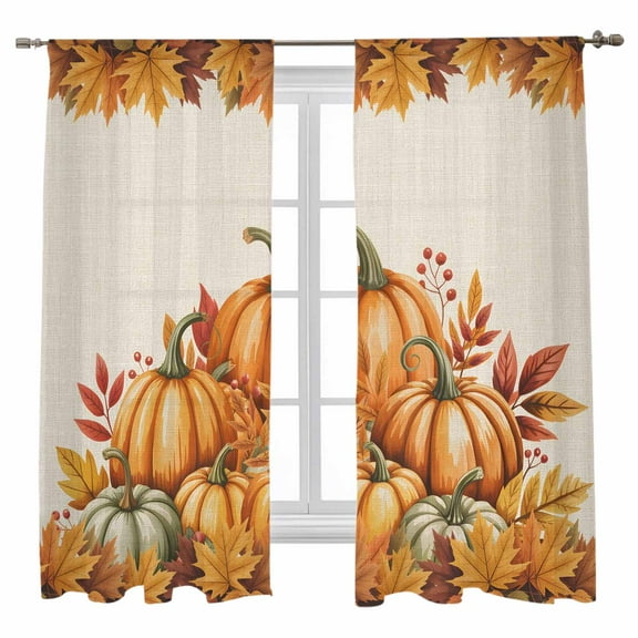 Thanksgiving Fall Sheer Curtains 63 inches Long, Pumpkin Watercolor Maple Leaves Linen Light Filtering Sheer Window Curtains Rod Pocket Voile Drapes for Bedroom Living Room, 52"W x 63"L 2 Panels