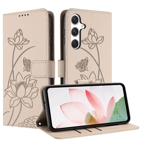 For Samsung Galaxy S26 Phone Case,Elegant Lotus Emboss Design,Anti-Scratch PU Leather Flip Cover,With Card Slots,Flip Folding Kickstand,Shockproof Non-Slip,Durable Flip Phone Case,Beige