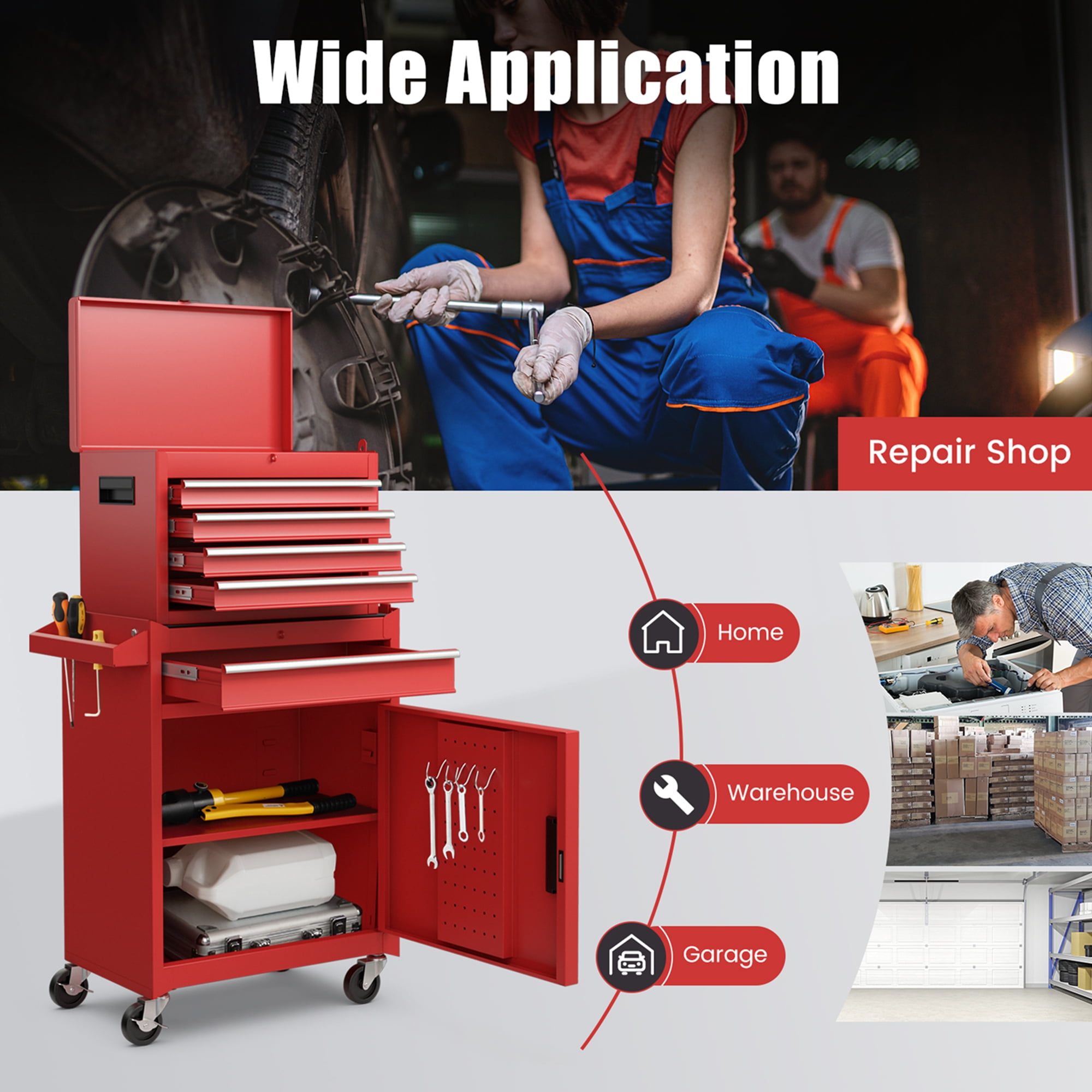 Costway 2 in 1 Tool Chest & Cabinet with 5 Sliding Drawers Rolling Garage Organizer Red