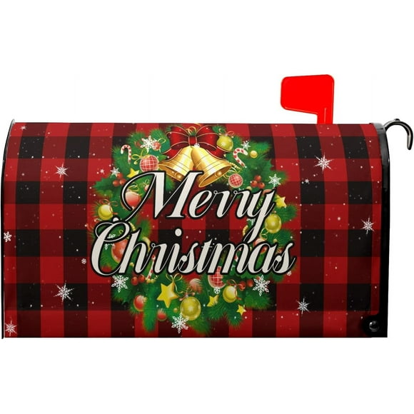 Joyeux Noël Couverture Magnétique pour Boîte aux Lettres, Carreaux Buffalo Rouges et Noirs, Couverture de Boîte à Lettres, Grande Taille 25,5 X 21 Pouces, Couronne, Grelot, Enveloppes Décoratives pour Courrier pour la Maison, l'Extérieur, le Jardin, la Cour Décor