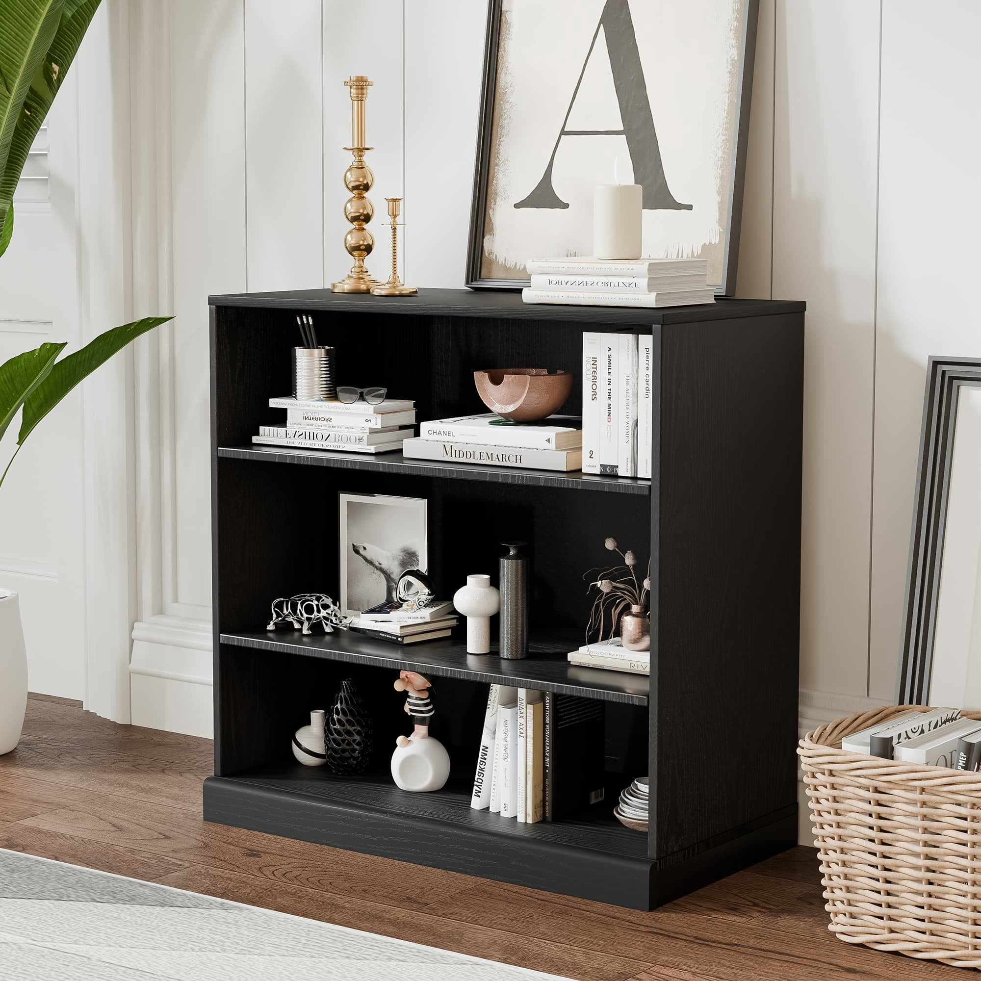 MAYEERTY 3-Shelf 16*31*31"Black Wood Grain Bookcase with Adjustable Shelves, Durable Storage for Home or Office