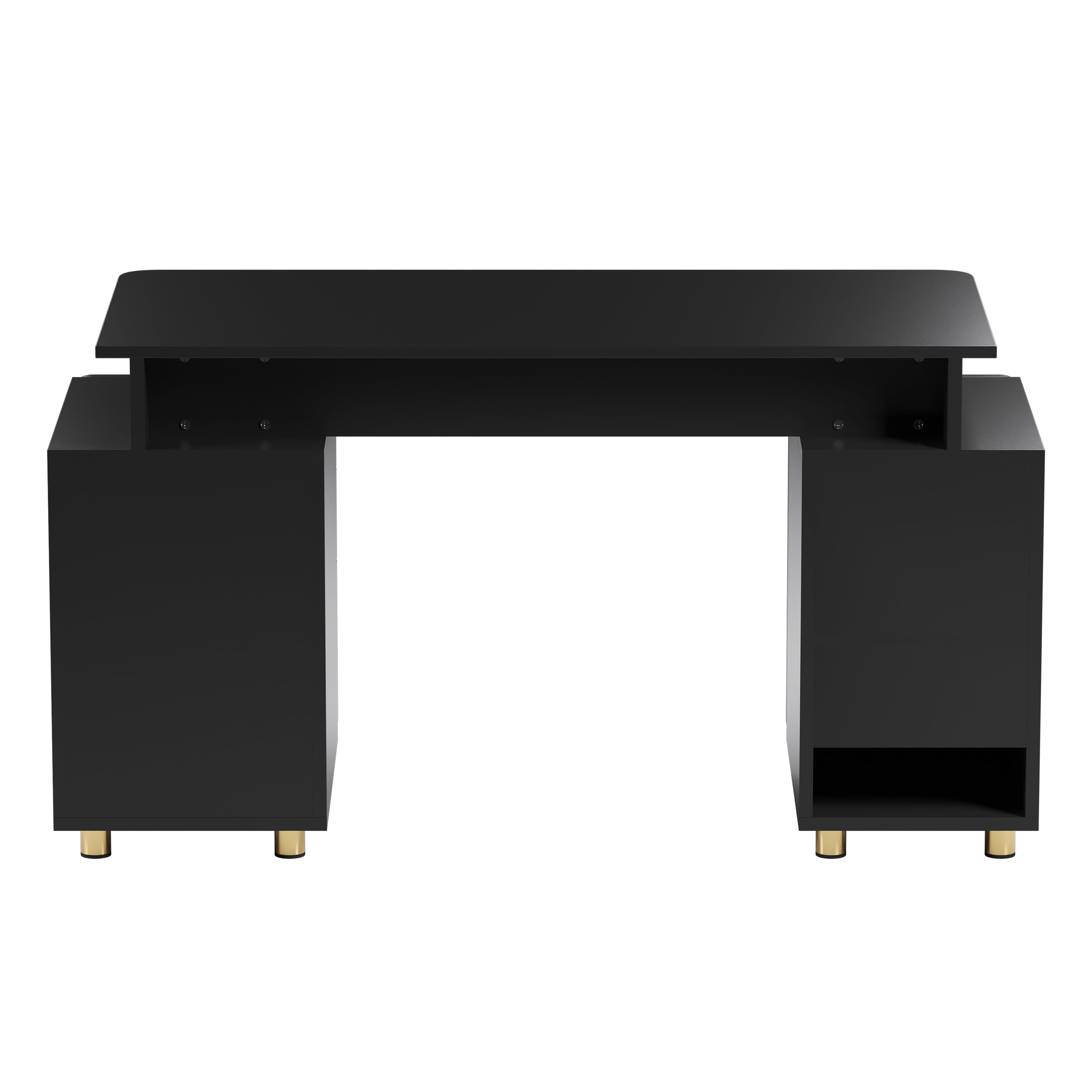 56.75" W Elegant Executive Desk with 3 Drawers and Storage Cabinet, Modern Office Desk with Gold Accents, Floating Work Surface, Closed Storage with Ventilation & Adjustable Shelf, Black & Gold