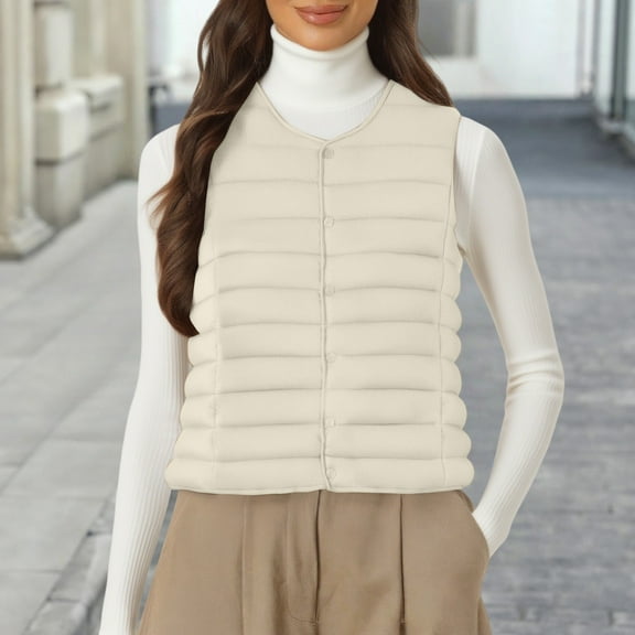 Women's Lightweight Down Vest, Sleeveless Quilted Puffer Jacket with Cotton Blend Shell, Warm Winter Insulated Vest, Slim Fit Casual Sleeveless Coat for Women, Cold Weather Thermal Vest Beige XXL