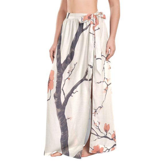 FORMRS Womens Long Sarong Beach Wrap Semi-Sheer Bikini Skirt Bathing Swimsuit Cover Up, Light Red Flowers
