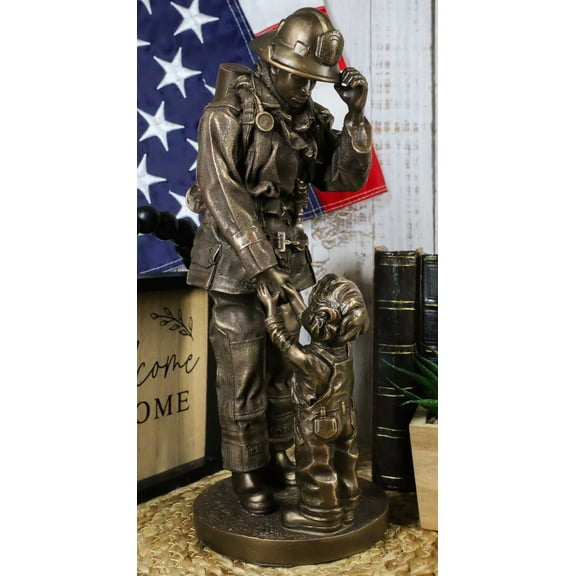 Civil Servant Fire Fighter Large Child Shaking Hands and Thanking Fireman Statue