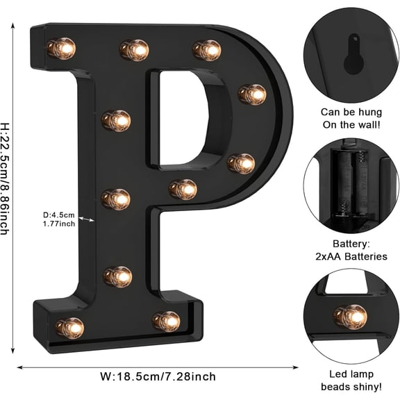 YJYASX-Black LED Letter Lights for Room Decor - Bedroom Wall Decor, Alphabet Lights for Home, Wedding, Party - Battery Operated （P）