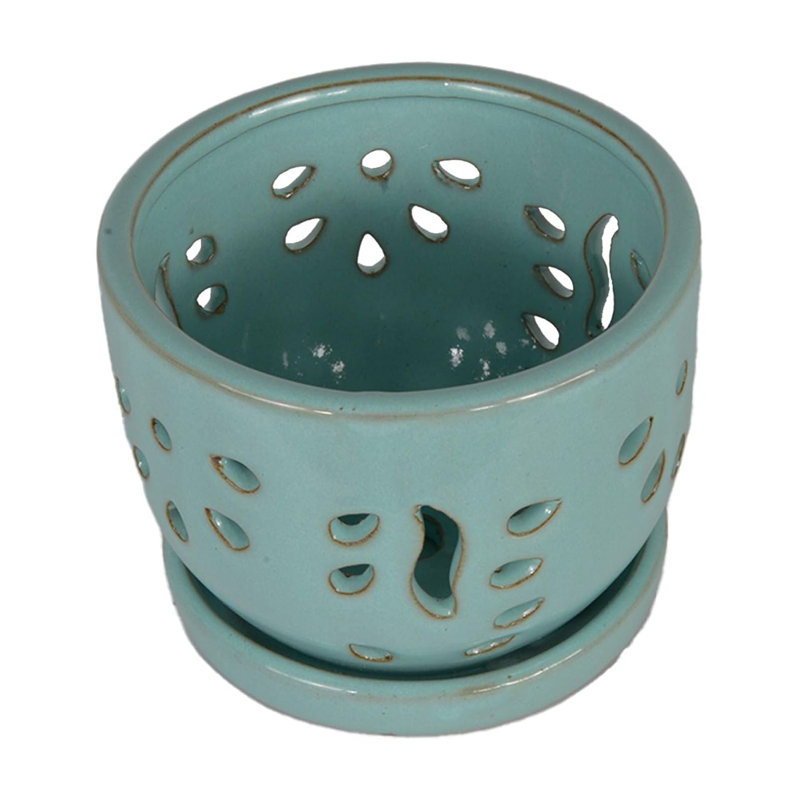 W&W Orchid Pot, Round, Blue Ceramic, 5.8 x 5.8 x 4.45 Inches, with Air Vents