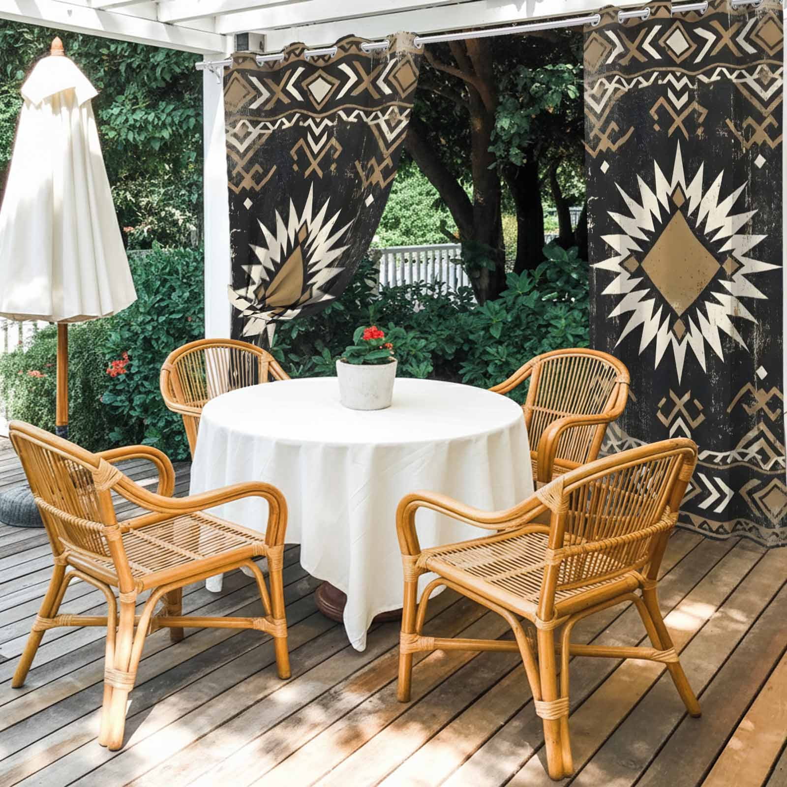 Sunburst Emblem Outdoor Curtains for Patio, Boho Black Tribal Rustic Brown Retro Geometric Sunshade Privacy Drapes Grommet Waterproof Outside Curtains for Porch/Cabana/Balcony 54"x 108", 1 Panel