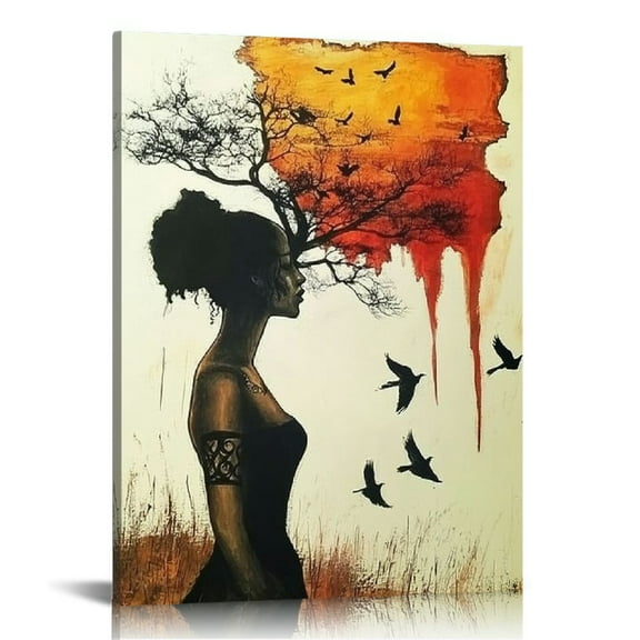 Framed African American Wall Art African Woman Canvas Painting Black Girl Abstract African Sunset Landscape Wall Decor Picture Prints Art for Living Room Bedroom Home Decoration…