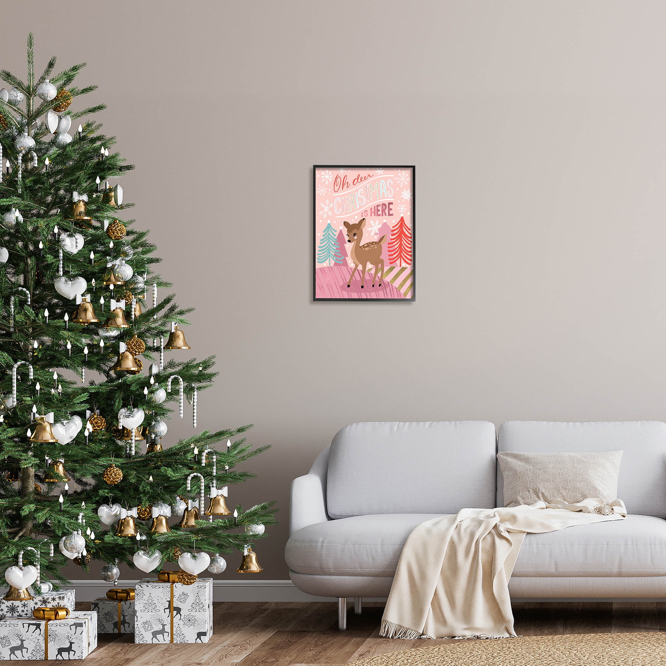 Oh Deer Christmas Is Here Phrase Holiday Graphic Art Black Framed Art Print Wall Art