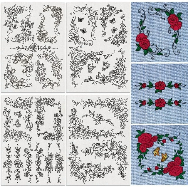 38Pcs Rose Lace 4 Sheets Water Soluble Embroidery Pattern Stabilizers Stick and Stitch Embroidery Stickers Hand Sewing DIY Rose Lace Embroidery Papers