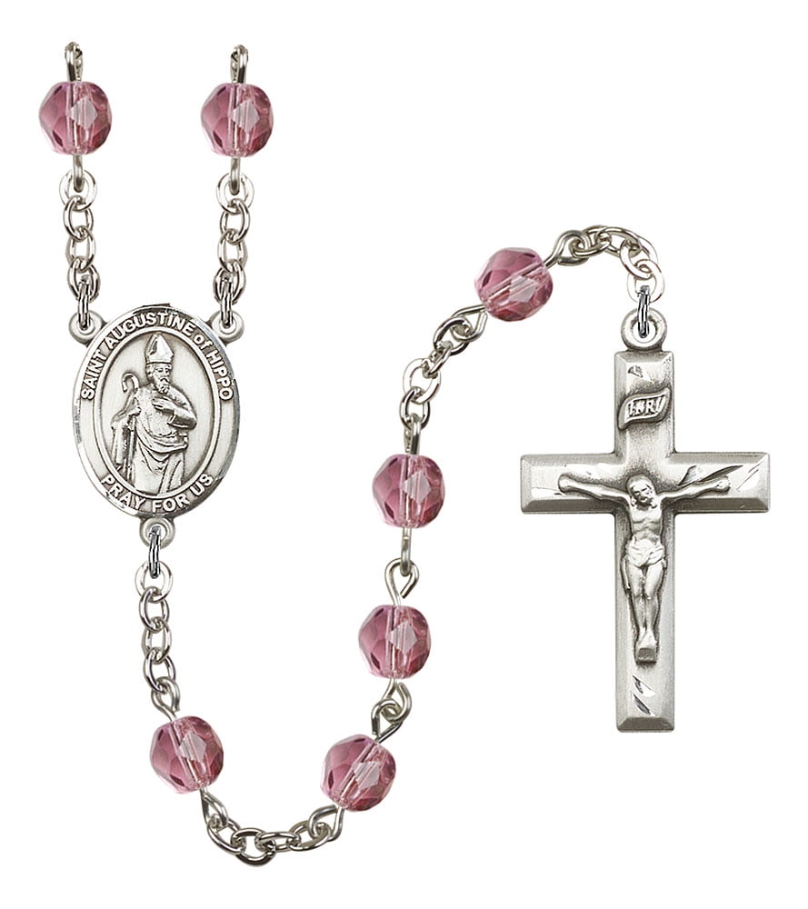 18-Inch Rhodium Plated Necklace with 6mm Garnet Birthstone Beads and Sterling Silver Saint Augustine of Hippo Charm. 18-Inch Rhodium Plated Necklace with 6mm Garnet Birthstone Beads and Sterling Silver Saint Augustine of Hippo Charm.