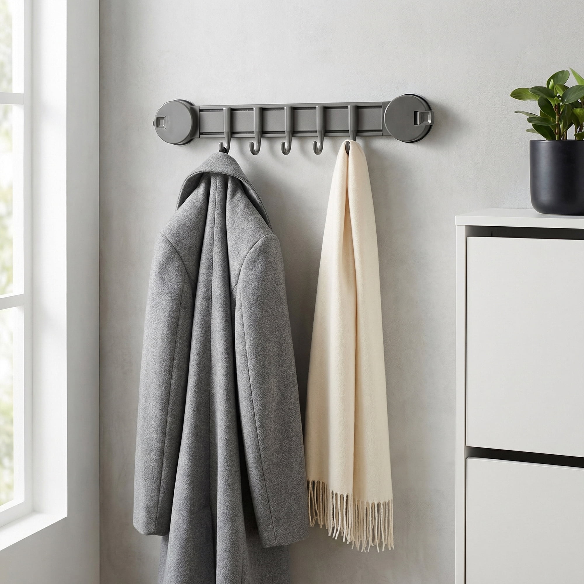 Unique Bargains Coat Rack Wall Mount Suction Cup 6 Hooks for Entryway Gunmetal gray