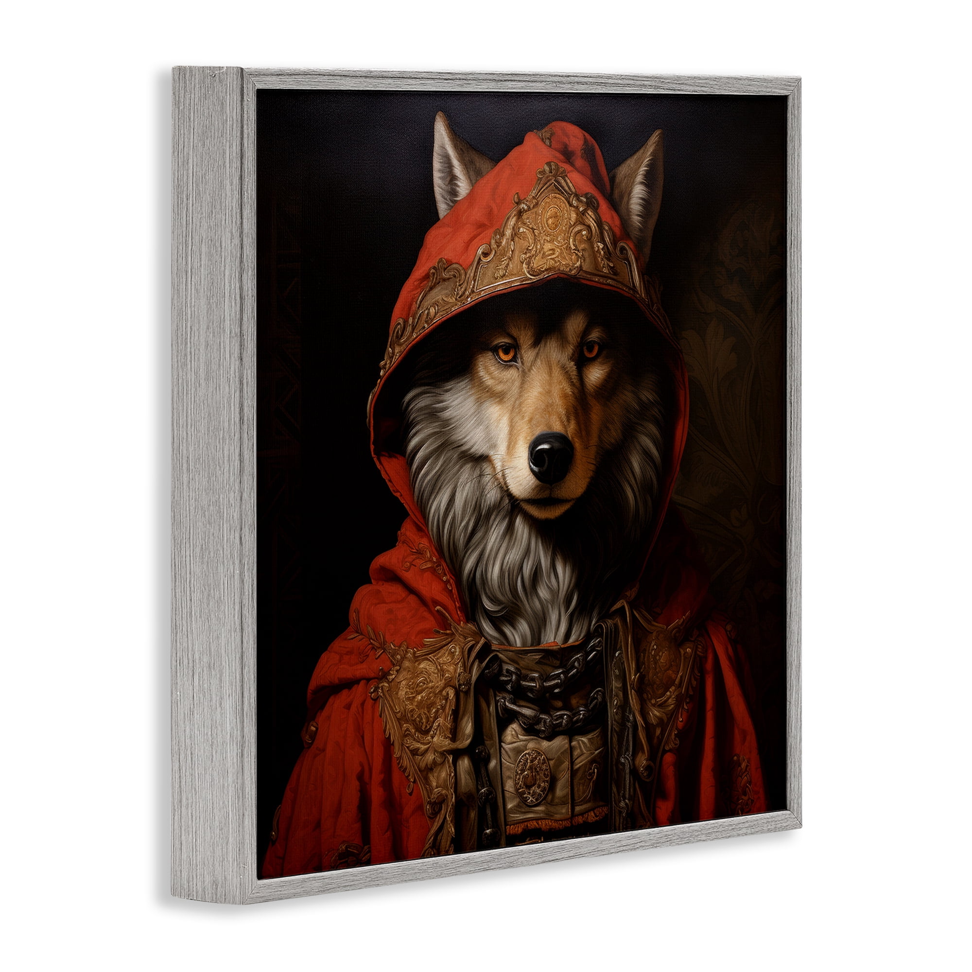 Stupell Industries Wolf with Red Cloak Animals & Insects Painting Gray Framed Art Print Wall Art, 12 x 12