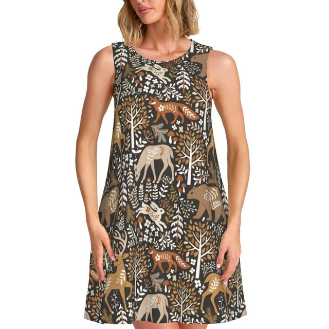 Bixox Robe Sans Manches à Imprimé Renard Orignal Ours Feuille Arbre pour Femmes avec Poches, Robe Décontractée Longueur Genou pour l'Été-Grand