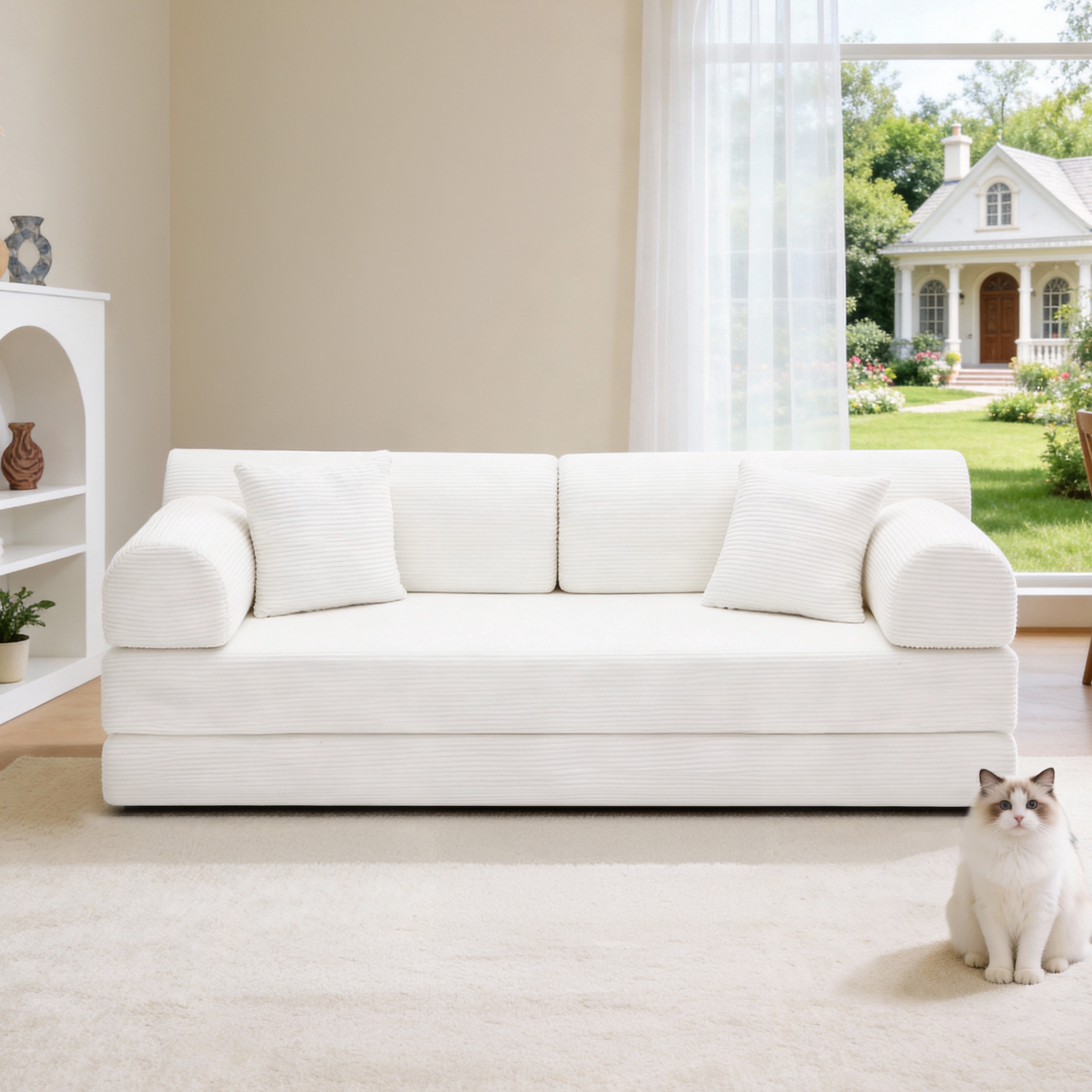 Leumius 79" Convertible Futon Sofa Bed, Boneless Couch for Living Room, Corduroy Folding Mattress Couch with Fixed-Shape Frame, Floor Sofa Lounge Couch with 2 Pillows, No Assembly,Beige