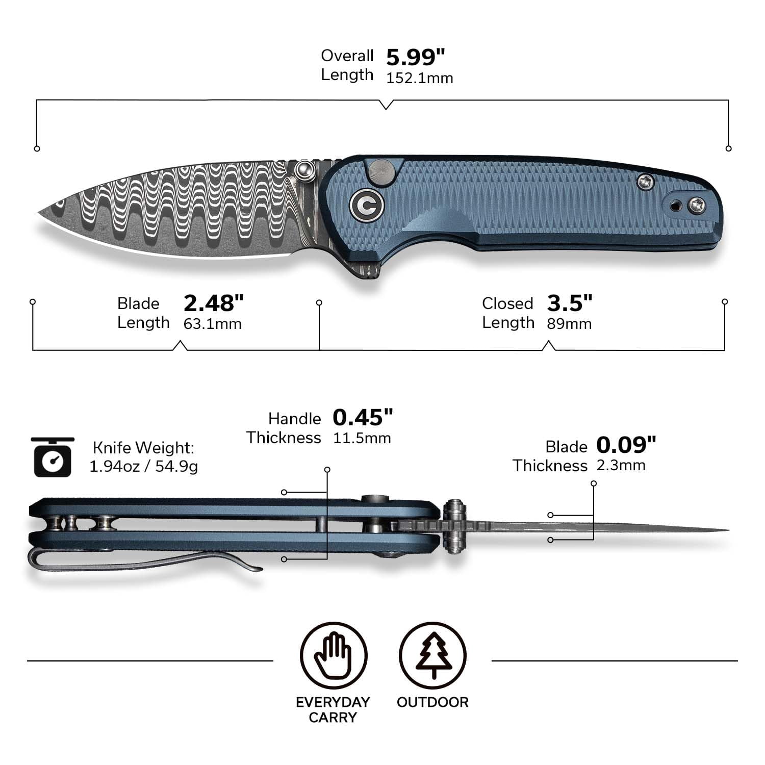 CIVIVI Mini Shakan Pocket Folding Knife with 2.48" Damascus Blade C20052F-DS1