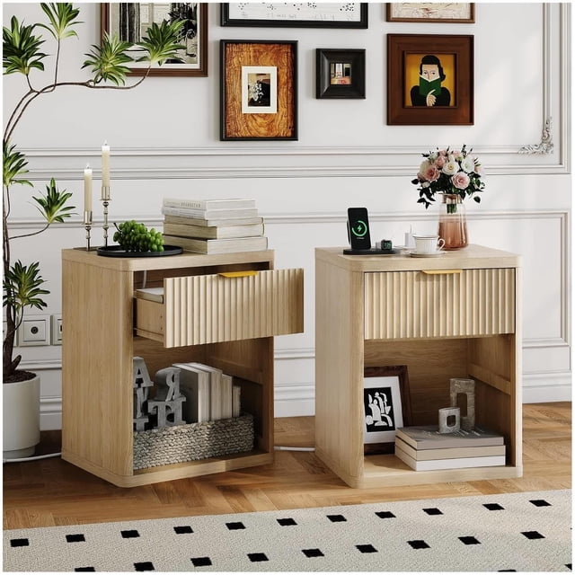 Ourlova Fluted Nightstand Set of 2 Bedside Table Builtin Charging Station Featuring 1 Drawer Open Storage Space Metal Handles Curved Edge Design Mid Century Modern Night Stand Bedroom Living Room
