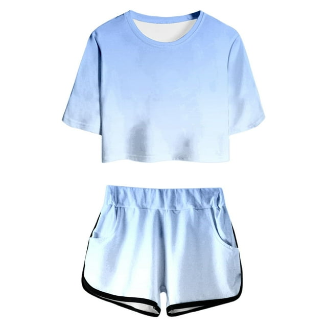 GDREDA Robe Tournesols Maman Filles Été Imprimé T-Shirt à Manches Courtes et Ensemble Short Mignon Col Rond avec Poche Tenue Décontractée pour Ados et Juniors Légère et Confortable Bleu Clair,6-7 Ans