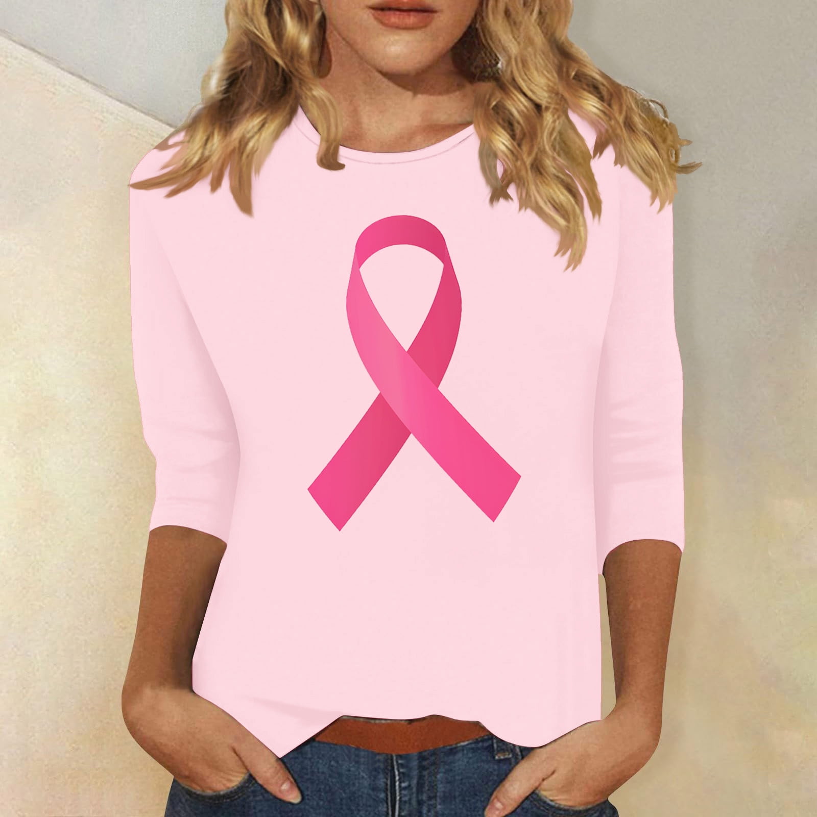 Jsaierl T-shirts Cancer Du Sein Femmes Ruban Rose Imprimé Tees Manches 3/4 Tops Amusants Tunique Décontractée Blouses Sensibilisation Cancer Du Sein T- Shirts