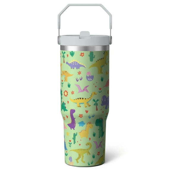 30oz Dinosaur CoffeeTravel Mug Cup Water Botter Flip Tumbler with Handle lid and Straw,Dinosaur Stuff Decor Accessories