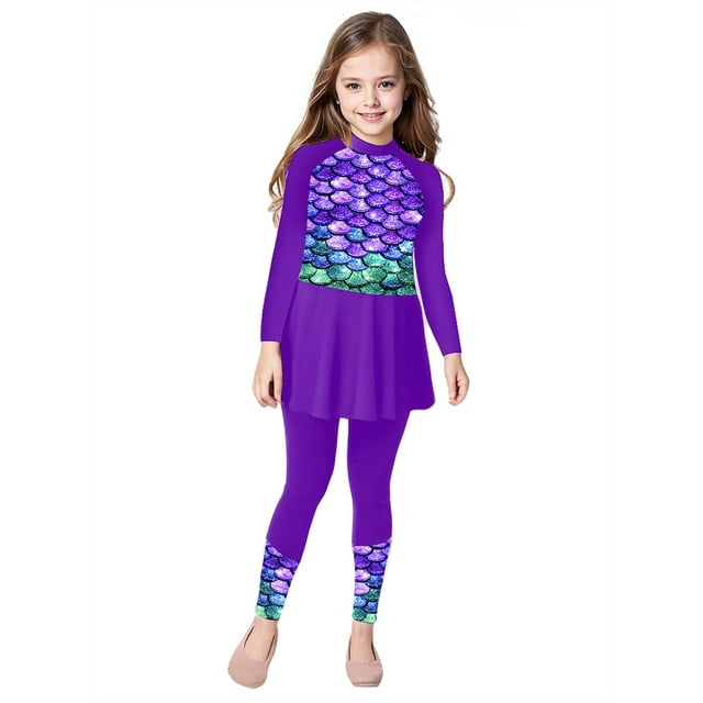 CHICTRY Maillot de Bain à Manches Longues pour Filles Robe de Plage Haut de Maillot anti-UV Violet 10