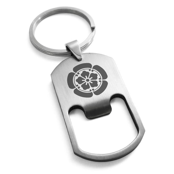 Stainless Steel Nobunaga Oda Samurai Crest Engraved Bottle Opener Dog Tag Keychain Keyring
