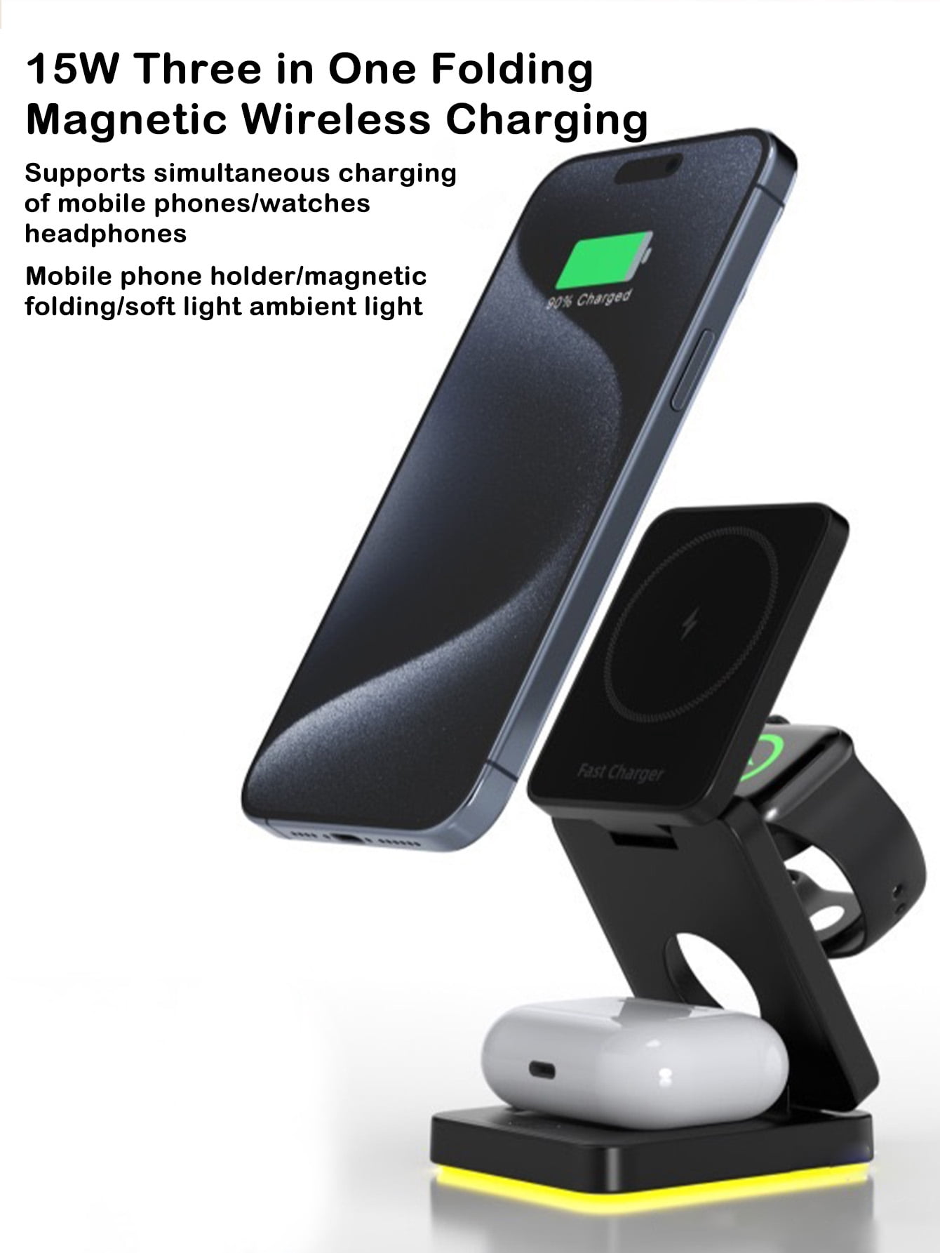 AKKHOO 3-in-1 15W Magnetic Portable Wireless Charger Power Bank for iPhone, Apple Watch and AirPods – Fast Charging On the Go