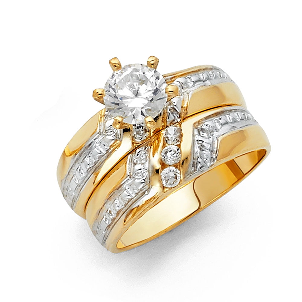 FB Jewels 14K White and Yellow Gold Two Tone Round Cubic Zirconia CZ Wedding Band and Engagement Bridal Ring Two Piece Set
