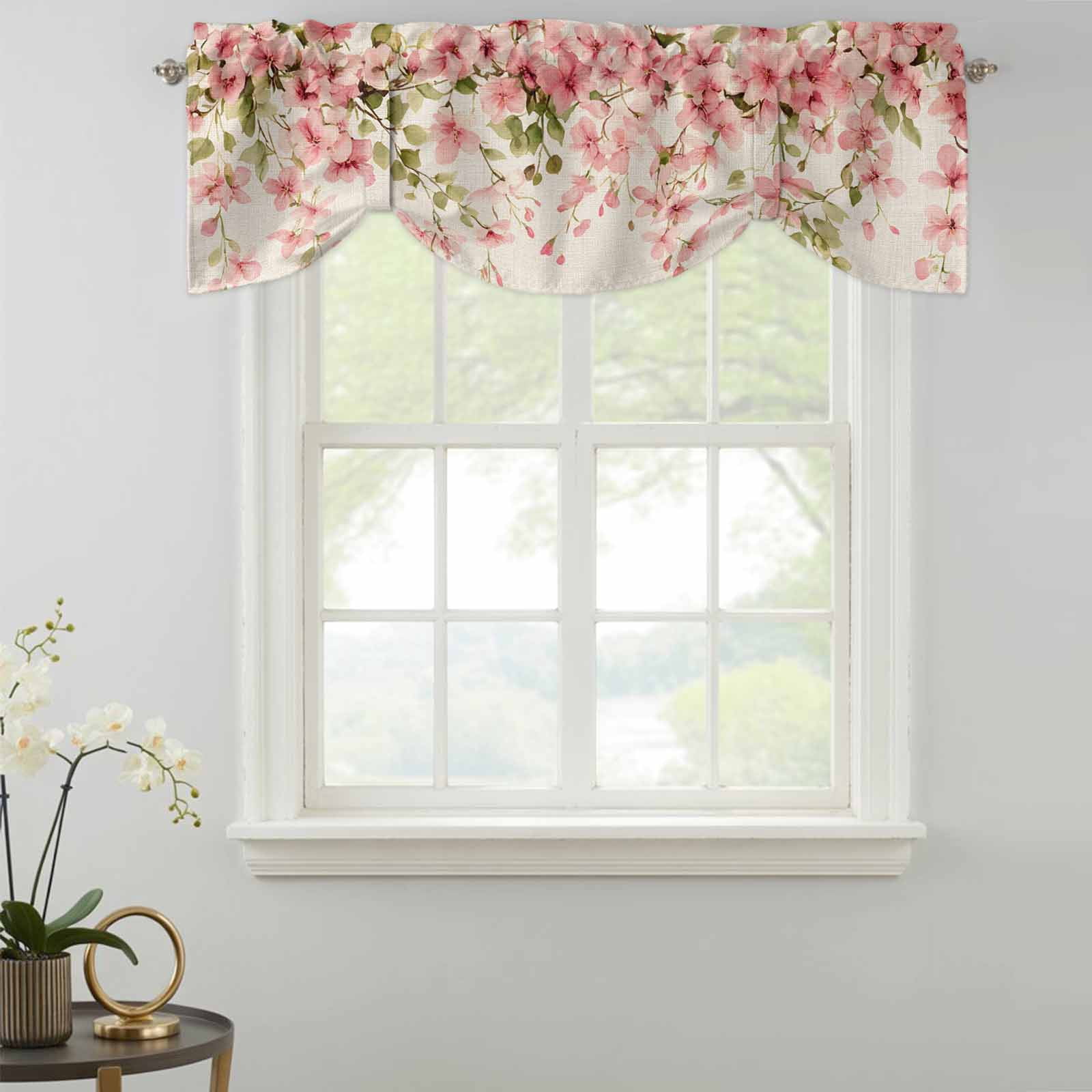 Spring Floral Tie Up Valance for Windows, Pink Flowers Green Leaves Linen Texture Adjustable Rod Pocket Tie Up Valance Curtains Window Treatment for Kitchen Bathroom Bedroom 60 X 18 Inch