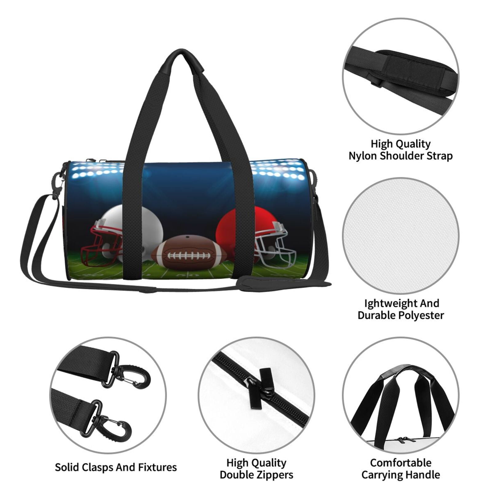 American Football Helmet Small Round Sport Duffel Bag,Soccer Field Shoulder Airport Travel Bag, Men Women Weekender Overnight Sleepover Carry-On Personalized Tote Pouch-17''