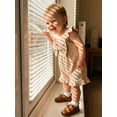 thumbnail image 4 of BemeyourBBs Kids Toddler Baby Girls Waffle Knit Romper Overalls Shorts Cute Infant Baby Girl Summer Clothes Solid Color Flying Sleeve Square Bow Front Ruffled Flared Jumpsuit, 4 of 9