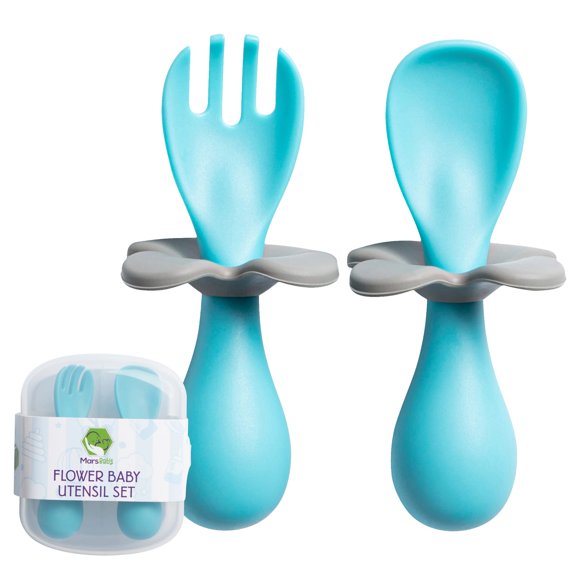 Cubiertos para bebé MARS BABY con diseño de flor, seguros para autoalimentación