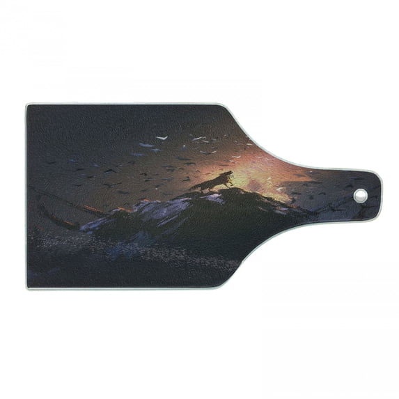 Fantasy World Cutting Board, Howling Wolf on Rock Surrounded by Bats Birds Scary Dog Wild Life Animals Art, Tempered Glass Cutting and Serving Board, Wine Bottle Shape, Multicolor, by Ambesonne