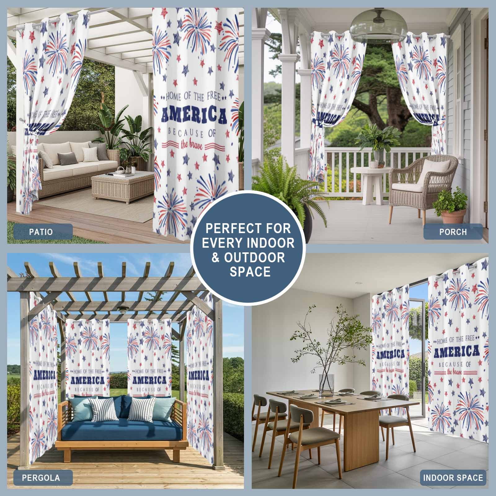 Independence Day Outdoor Curtains for Patio, America Fireworks Red Blue Navy Star Sunshade Privacy Drapes Grommet Waterproof Outside Curtains for Porch/Cabana/Balcony 54"x 108", 1 Panel