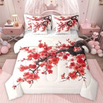 jejeloiu Plum Blossom 7-Piece Bedding Comforter Set,Rustic Flowers King Bedding Sets,Red Floral Bed Sheets For Men Women,Breathable Home Decor Reversible