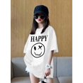 thumbnail image 1 of 1pc Teen Girls' Oversized Casual T-Shirt with Bold "HAPPY" Letter & joyful Face Print - Soft Polyester Blend, Crew Neck, Short Sleeve, Loose Fit for Spring/Summer, 1 of 5