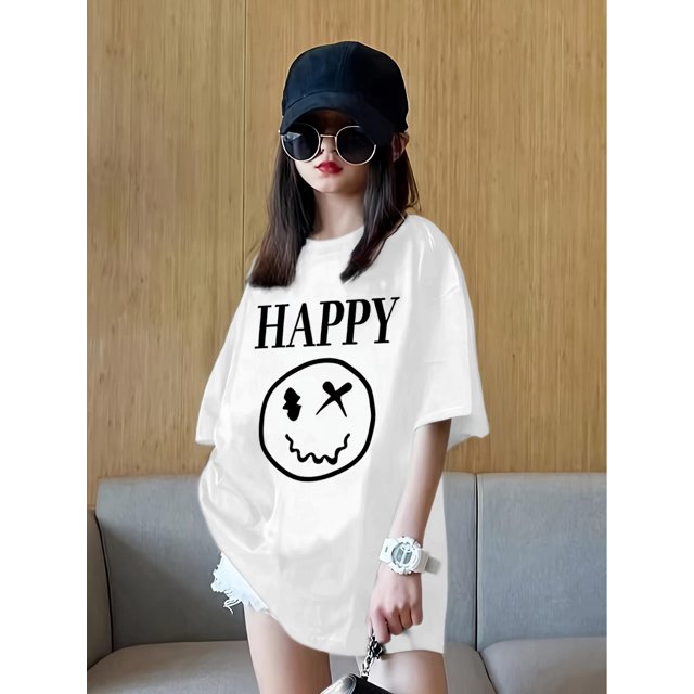 1pc Teen Girls' Oversized Casual T-Shirt with Bold "HAPPY" Letter & joyful Face Print - Soft Polyester Blend, Crew Neck, Short Sleeve, Loose Fit for Spring/Summer