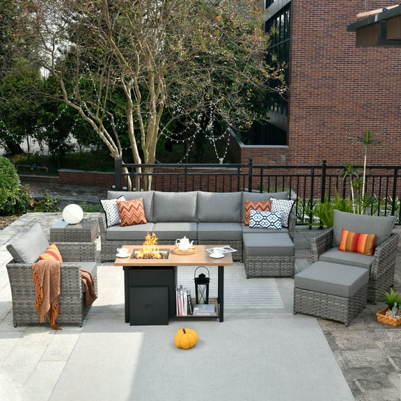 XIZZI 10 Pieces Outdoor Conversation Set Wicker Patio Furniture Set with Fire Pit Table,Grey