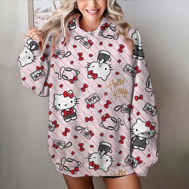 Sudadera con capucha para mujer, básica, con estampado de Hello Kitty, holgada, manga larga, bolsillo canguro, hombros caídos