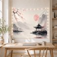 thumbnail image 5 of Asian Pavilion with Pink Sun and Misty Mountains, Serene Minimalist for Art Lovers, Asian Wall Art Decor, Housewarming Gift Tapestry Wall Hanging for Bedroom and Living Room, 5 of 7