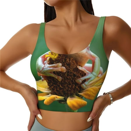 Qokaie Tree Frog Sitting On Sunflowes Pattern Womens Scoop Neck Sports Bra Breathable Workout Vest Padded U Back Medium Impact Fitness Gym Yoga Bra Workout Crop Top-Medium