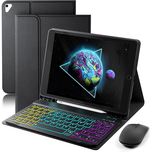 Funda con Teclado Retroiluminado Arcoíris de 7 Colores Negra para iPad de 9.7" con Soporte para Lápiz y Mouse