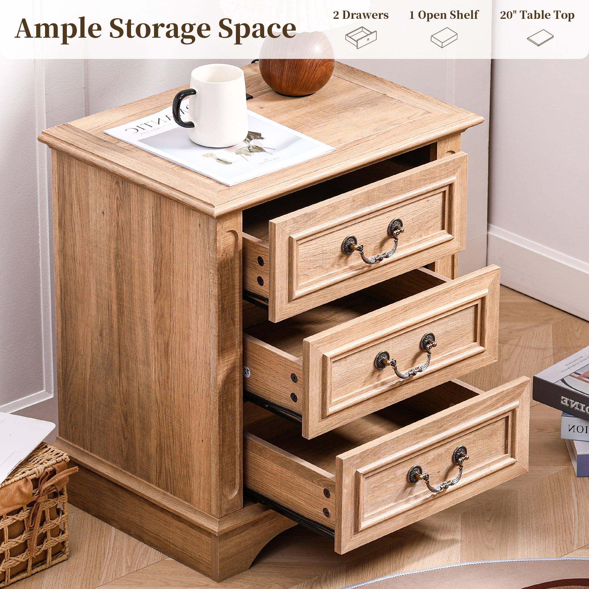 FIAKOA Farmhouse 3 Drawer Nightstand set of 2 for Bedroom, Rustic Bedside Table for Livingroom, Oak