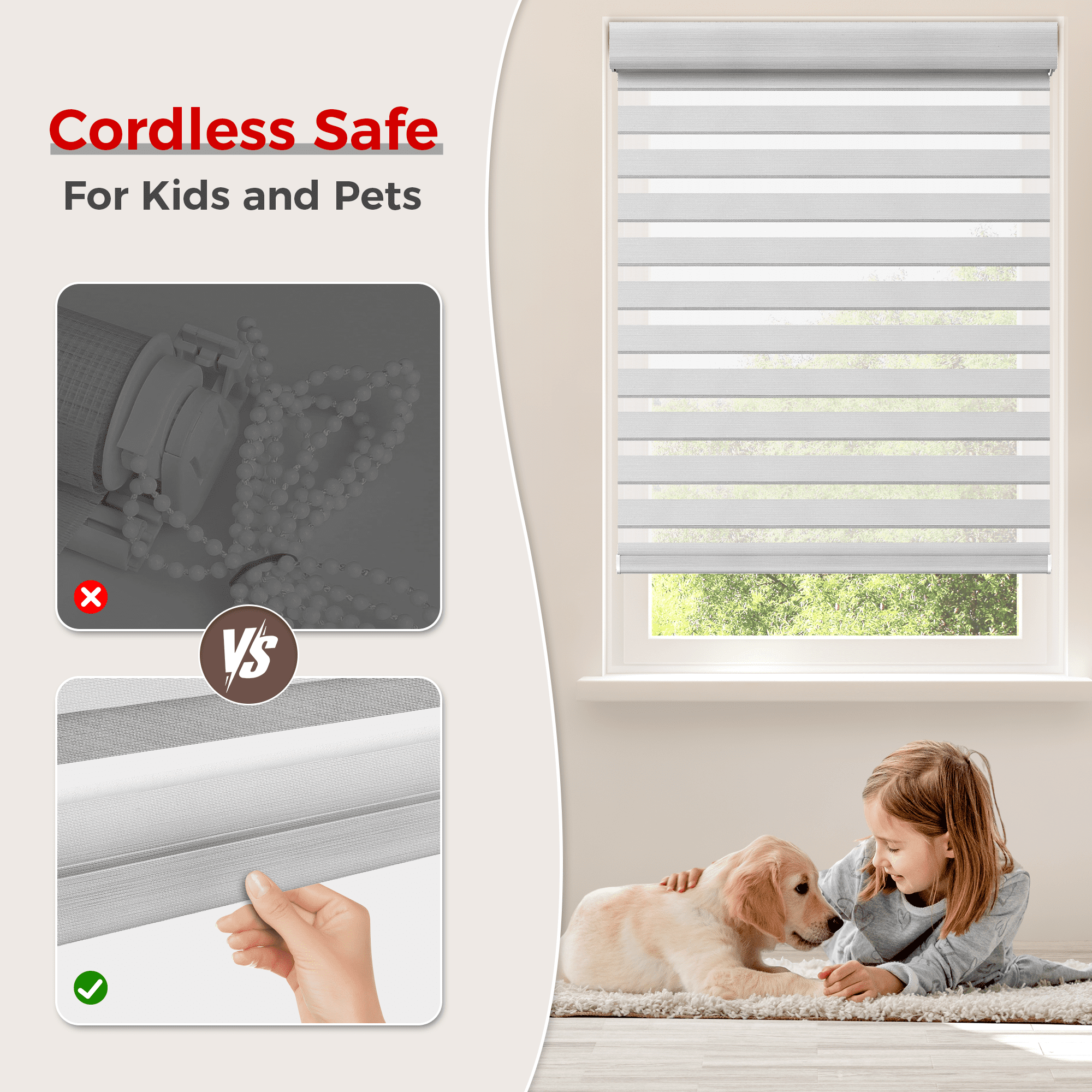 Allesin Zen No Drill No Tools Cordless Zebra Blinds, White, 34"Wx48"H