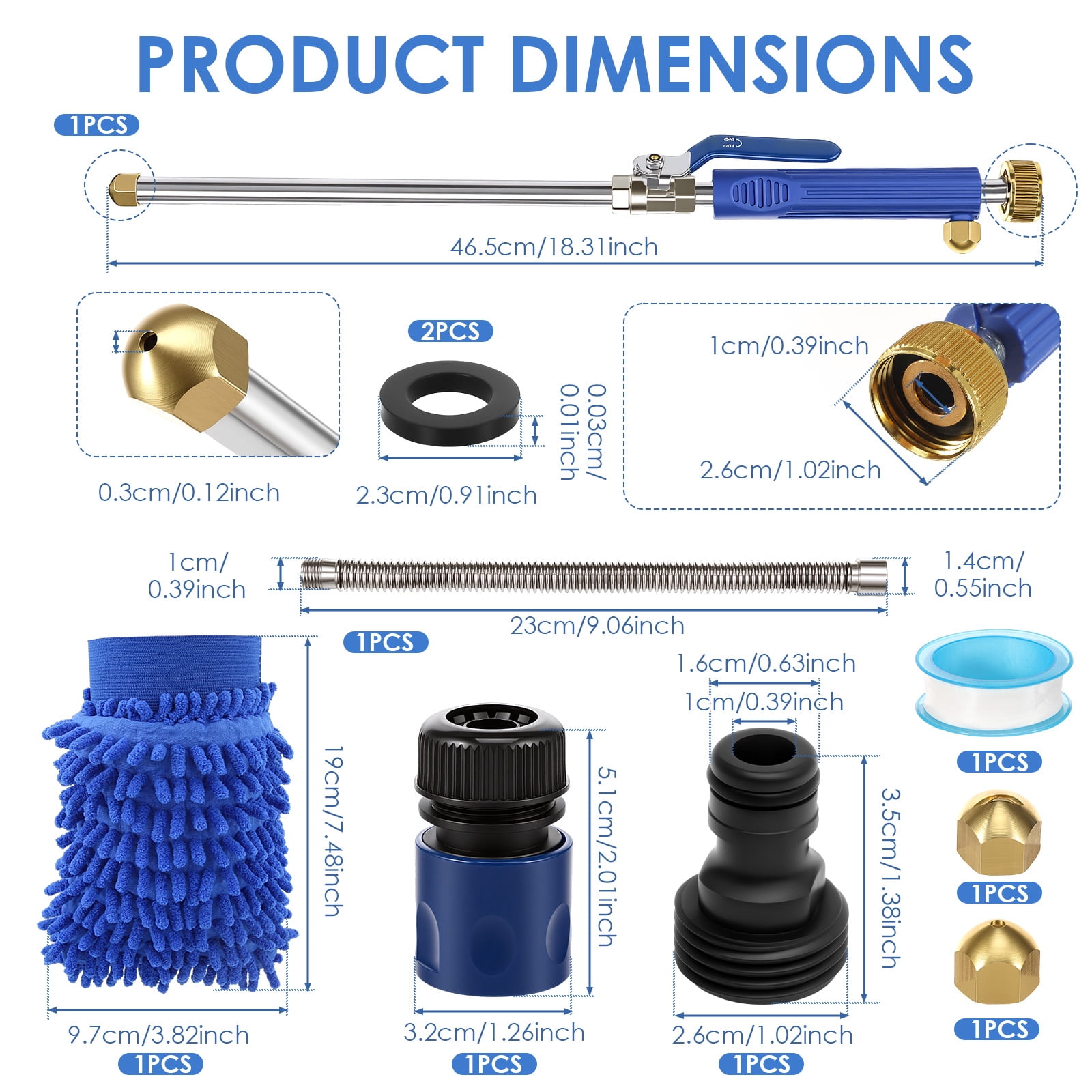 Jet Nozzle High Pressure Hose Nozzle with Extension Wand 2-in-1 High Pressure Power Washer for Car Washing Gutter Cleaning Watering with 2 Different Tips Quick Connectors and Gloves 18 Inch Blue