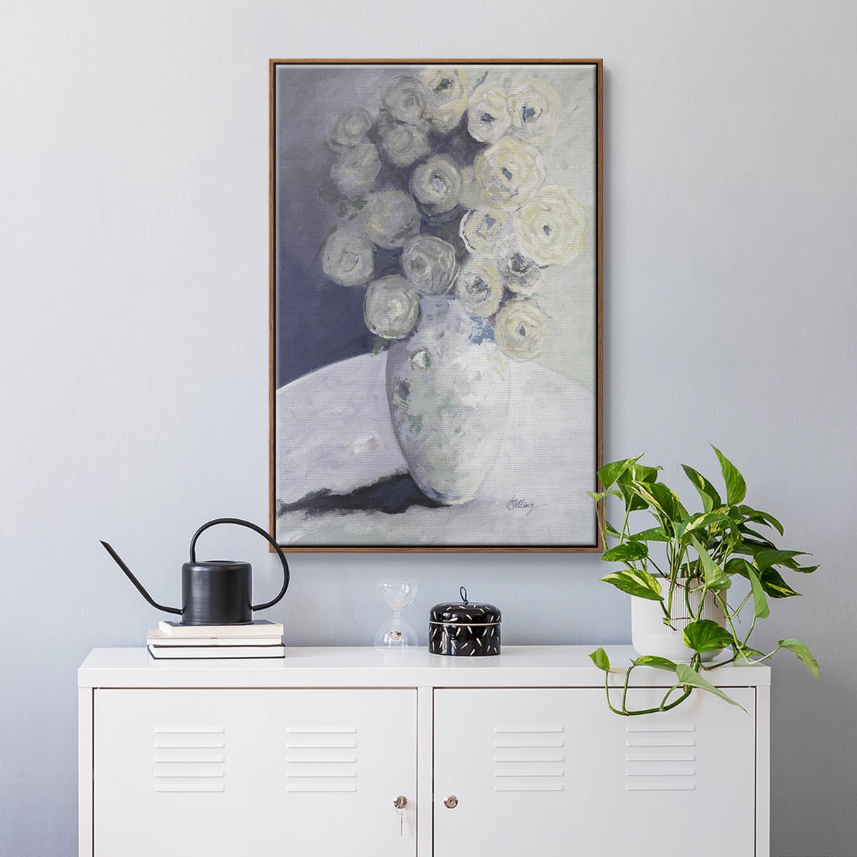Green Vase with Yellow Flowers Framed Premium Gallery Wrapped Canvas - Ready to Hang - 17 x 25 - Walnut Floating Frame