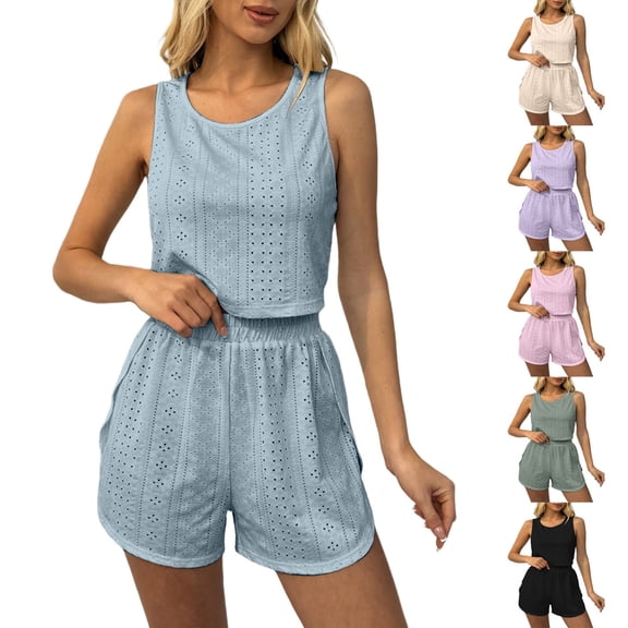 Women's Summer Two Piece Lounge Set Sleeveless Crop Tank Top with Side Split Shorts Cutout Detail Casual White