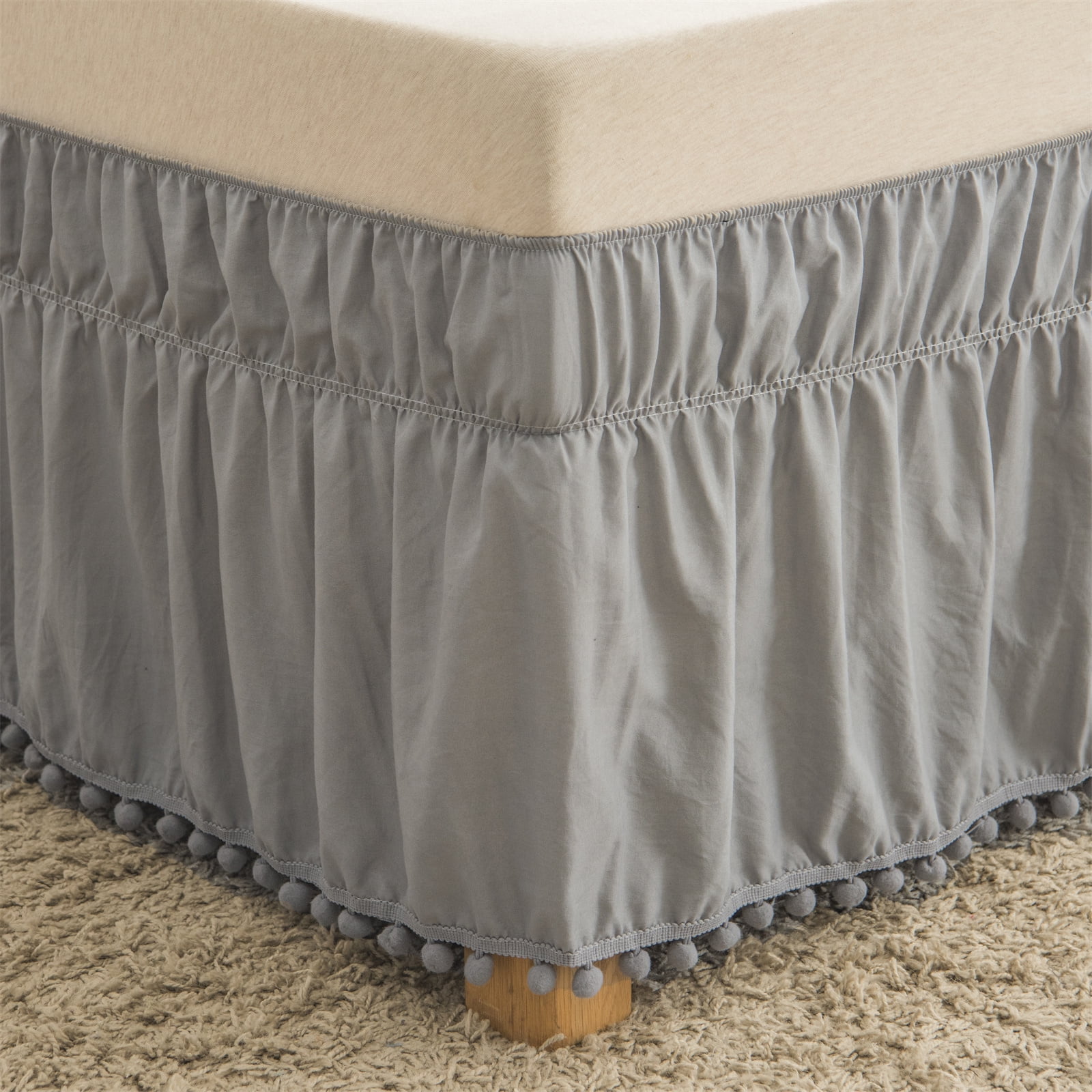 Move Over Grey Pom Poms Bed Skirt King 16 inches Drop Elastics Dust