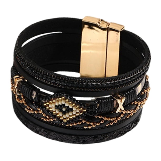 Pulsera multicapa envolvente, joyería, regalo, brazalete de cuerda trenzada para mujeres y hombres Negro